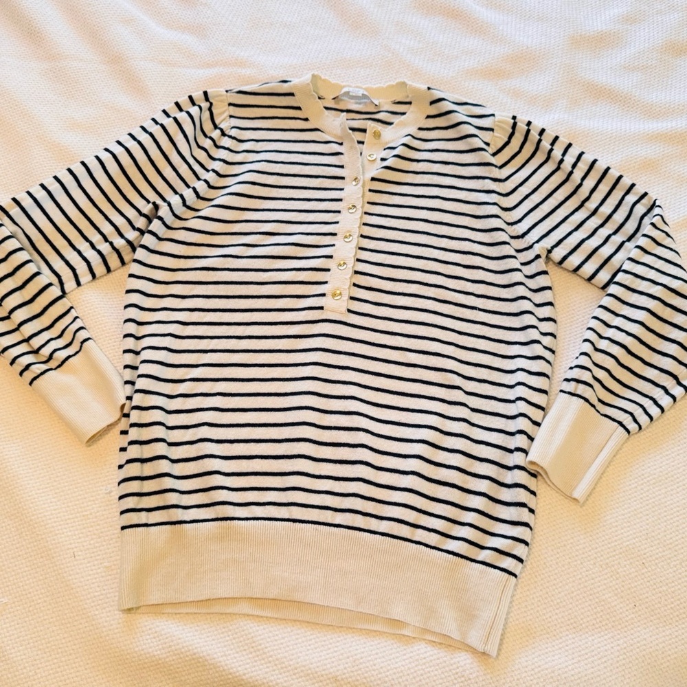 LOFT Henley Puff Sleeve Lightweight Cream & Navy Blue Striped Women's Sweater